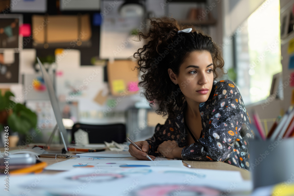 Fototapeta premium Corporate Business Photography of a Creative Woman Sketching Out Design Ideas For Her Startup, Generative AI