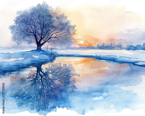 Serene snowcovered tree by a frozen lake, watercolor, handdrawn, morning light, frontal view photo