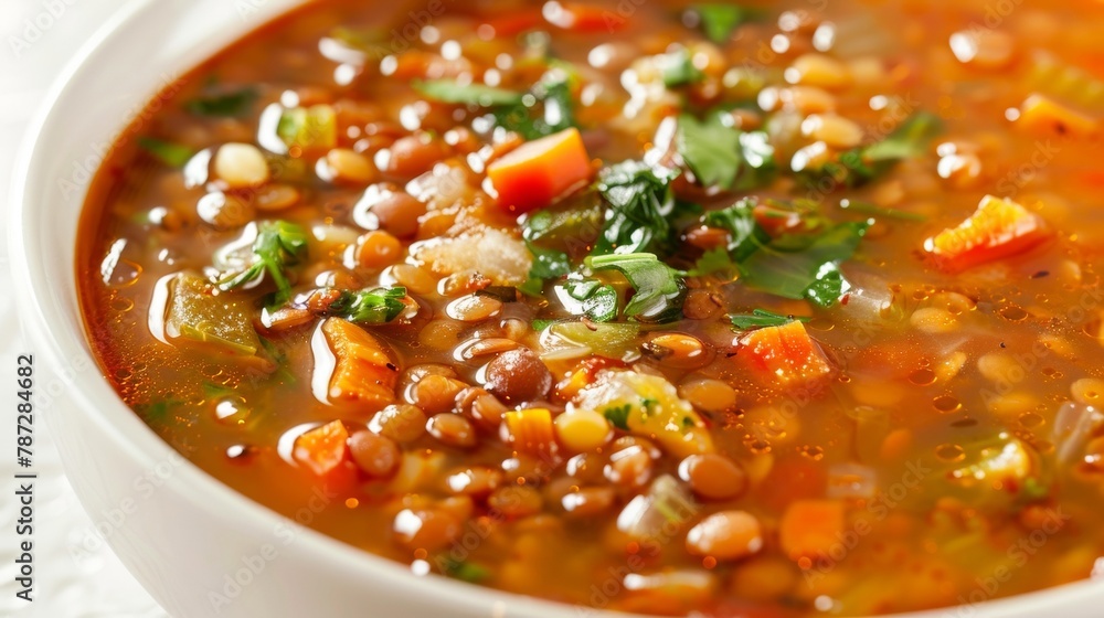 Closeup of a hearty bowl of lentil soup made with a variety of legumes diced vegetables and fragrant herbs. The lentils are soft and comforting and the broth is rich and flavorful. . Closeup of a hearty bowl of lentil soup made with a variety of legumes diced vegetables and fragrant herbs. The lentils are soft and comforting and the broth is rich and flavorful. .