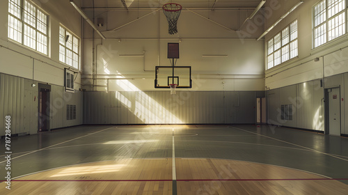 An indoor basketball court awaits players with copy space the clean and empty space suggests a school or recreational facility ready for activity   Generative AI