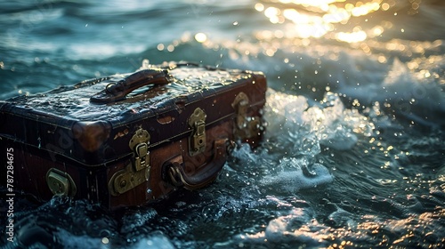 Closed treasure pirate chest on sea bottom underwater wallpaper background 