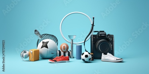 Camera surrounded by soccer balls and assorted items on a vibrant blue background photo