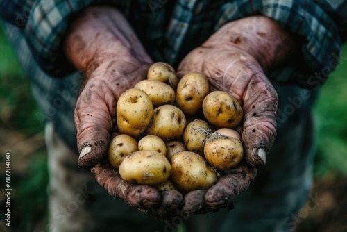 Harvesting Small Potatoes: A Close-Up Macro Shot of Young Potatoes in the Hands of a Gardener in Autumn