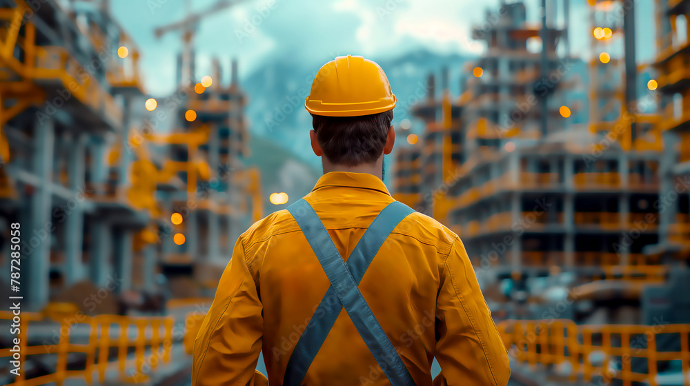 back view of Male Engineer in hardhat standing and looking at Construction Site Progress back view of Male Engineer in hardhat standing and looking at Construction Site Progress