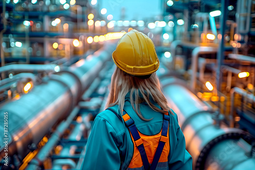 back view of Engineer woman with hardhat standing at Industrial Facility plant