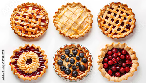 Set of different tasty pies on white background, top view