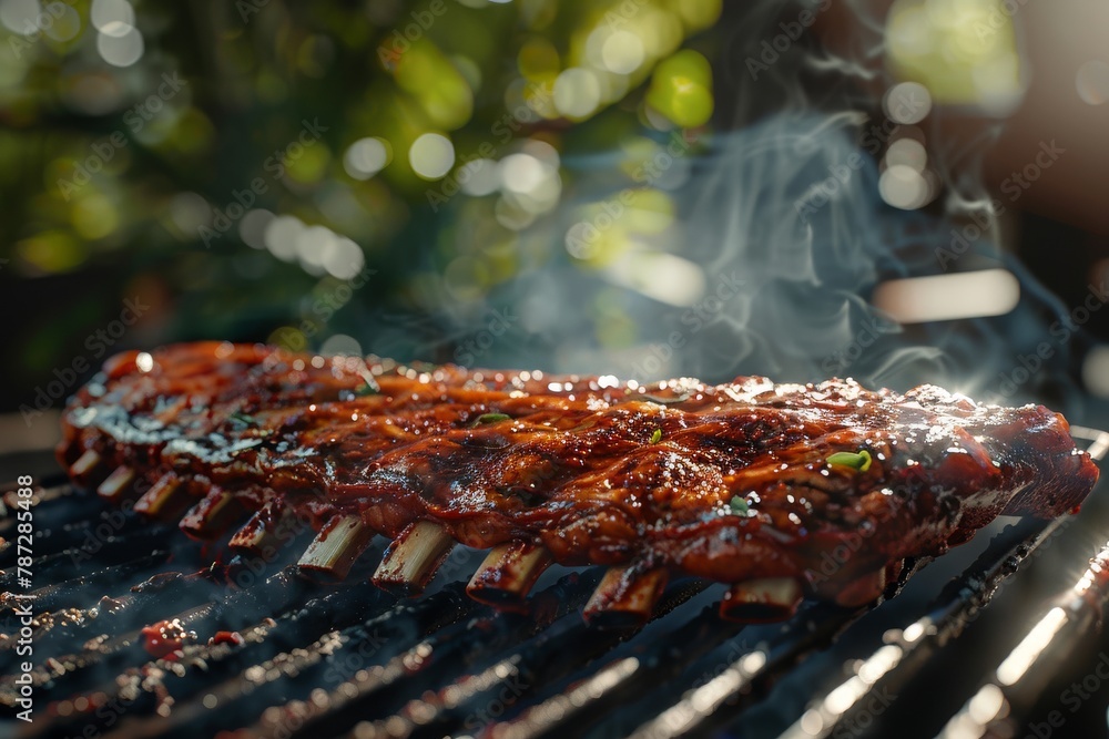A mouthwatering rack of ribs grilling on a hot summer day, perfect for a backyard BBQ gathering.