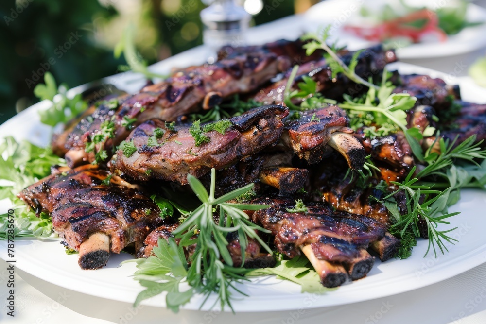 A platter of grilled ribs garnished with fresh herbs, served outdoors on a sunny day. A platter of grilled ribs garnished with fresh herbs, served outdoors on a sunny day.