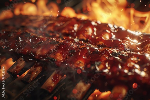 Close-up of ribs covered in a tangy glaze cooking over flames. Hyper realistic. Shot with canon 5d Mark III --ar 3:2 Job ID: 0bd55647-2fcc-44da-8c6b-d1609ee74fb2 photo