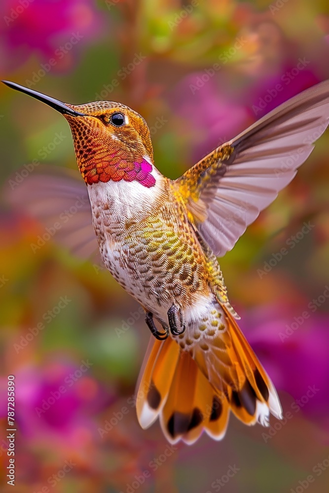 Fototapeta premium Elegant hummingbirds in flight, savoring nectar from vibrant and colorful flowers with precision