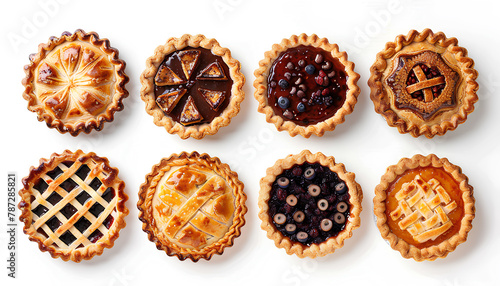 Set of different tasty pies on white background, top view