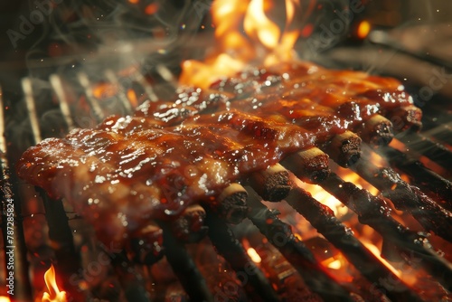 A mouthwatering barbecue grill cooking marinated ribs, creating a sizzling and flavorful dish.
