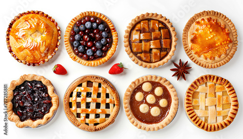 Set of different tasty pies on white background, top view