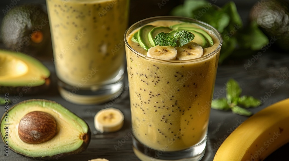 Refreshing banana avocado smoothie with a slice garnish in a clear tall glass on a wooden background
Refreshing banana avocado smoothie with a slice garnish in a clear tall glass on a wooden background