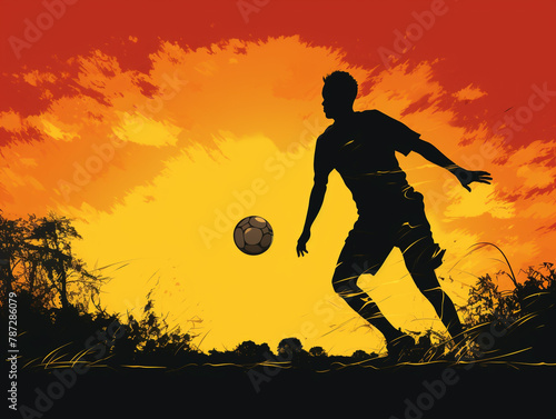 A man silhouette is kicking a soccer ball in the air. The sky is orange and the sun is setting