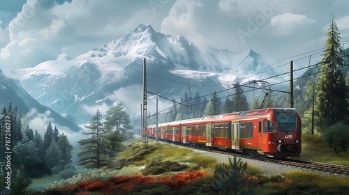 train on the railway in the montains, Modern Electric Train Amidst a Breathtaking European Landscape, Embracing Green Energy Inspiration
