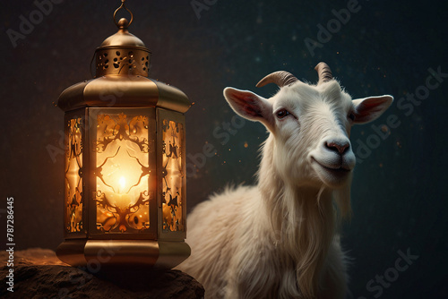 Eid al adha background with pictures of goat with islamic lantern Eid al adha greeting, goat, Eid, Eid ul adha, background, eid background. ai generated photo