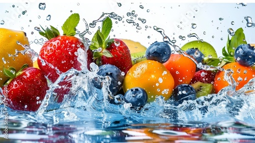 Assorted fresh fruits and vegetables splash in clear water  healthy diet freshness concept