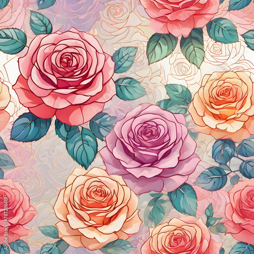 Seamless pattern with multicolored roses and leaves. Vector illustration for your design