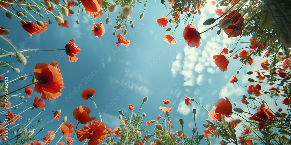 Looking up at a poppy field from the ground Looking up at a poppy field from the ground
