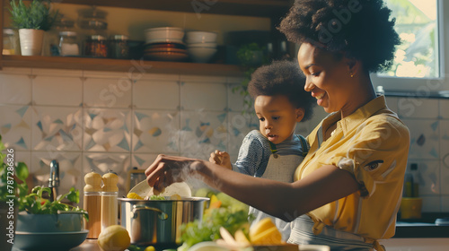 Beautiful Black Mom Cooking Food In Kitchen With Little Son In Arms Happy African American Female Making Housework And Taking Care About Infant Baby Preparing Healthy Meal For Family C : Generative AI photo