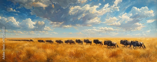 A herd of wildebeest moving gracefully across the open plains.