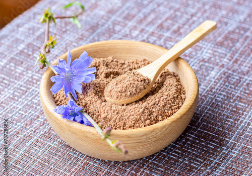 Ground chicory root on a wooden spoon and chicory flowers on a rustic wooden background. Alternative medicine. Healthy drinks. chicory drink