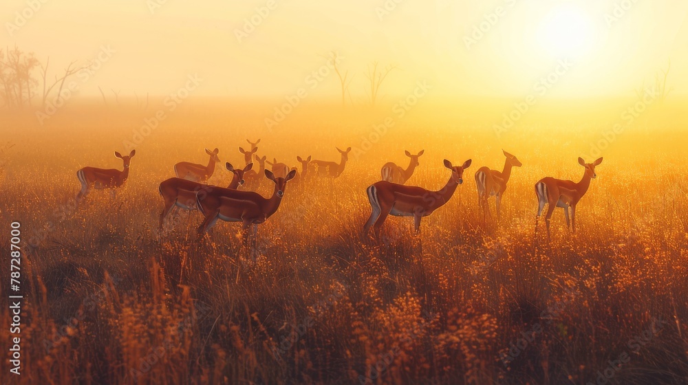 A herd of impalas grazing peacefully in the golden light of dawn on the savanna. - obrazy, fototapety, plakaty 