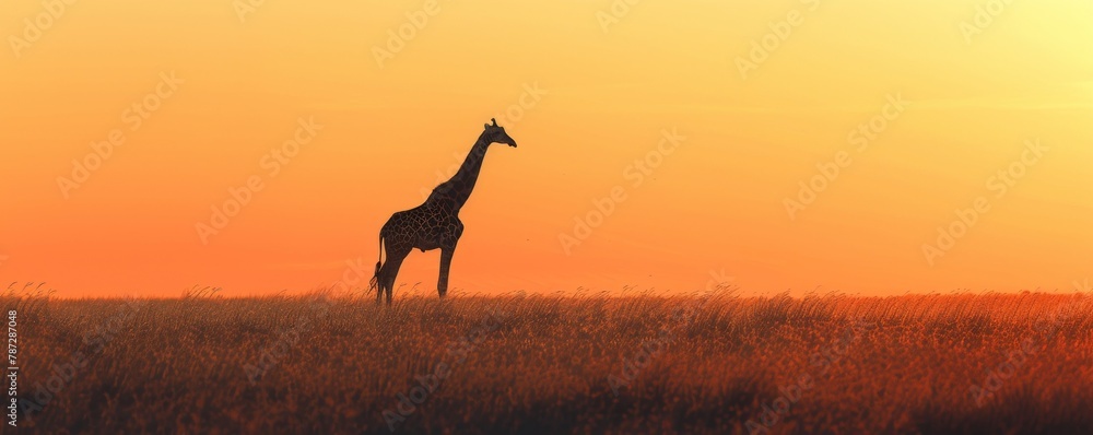A single giraffe standing tall against the horizon in the African savanna.