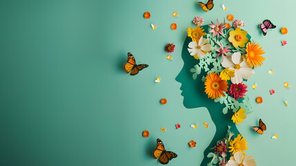 Cardboard silhouette of human head decorated with flowers and butterfly on mint background World mental health day concept Vertical banner Copy space : Generative AI