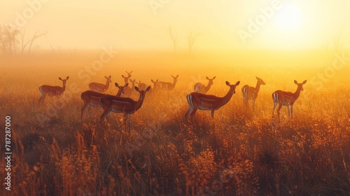A herd of impalas grazing peacefully in the golden light of dawn on the savanna. photo
