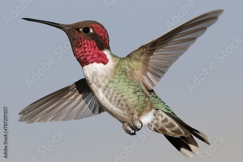 Vibrant hummingbirds flying with precision, targeting colorful flower nectar sources