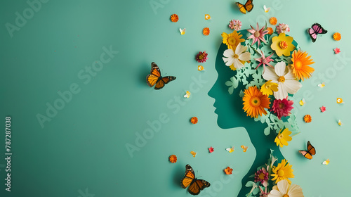 Cardboard silhouette of human head decorated with flowers and butterfly on mint background World mental health day concept Vertical banner Copy space : Generative AI photo