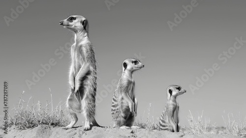 A family of meerkats standing guard in the minimalist savanna landscape.