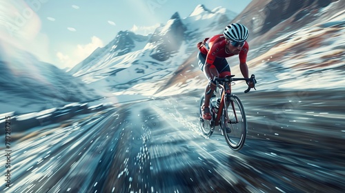 Cyclist Racing on Snowy Mountain Path with Dynamic Speed Effect