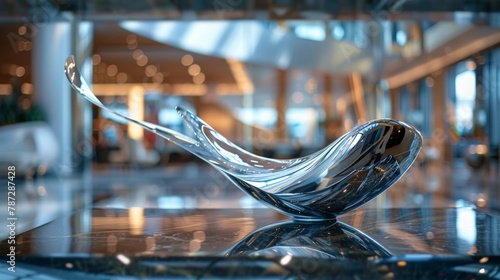Enigmatic perspective A blurred view from ground level adds an intriguing mystique to a sleek chrome sculpture in a sophisticated lobby setting. .
