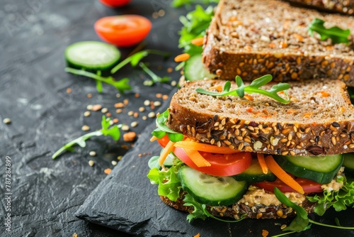 Nutritious hummus sandwich featuring a medley of fresh vegetables on wholesome multi-grain bread