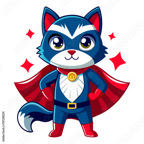 Cat dressed as a superhero, with a cape billowing in the wind and a determined expression on its face