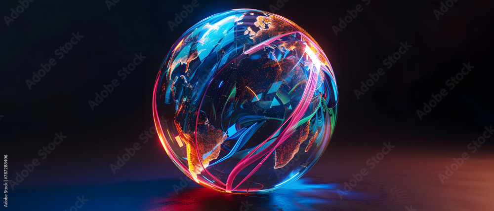This visually captivating image features a digital globe with glowing lines and colorful continents, representing global connectivity This visually captivating image features a digital globe with glowing lines and colorful continents, representing global connectivity