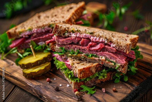 Delectable wholegrain pastrami sandwich served with fresh salad and pickles on a rustic wooden board photo