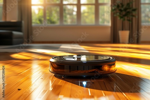 futuristic vacuum robot cleaner with holographic control panel, in action on a hardwood floor