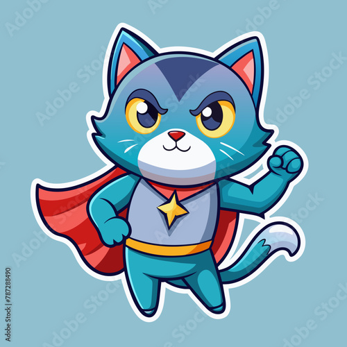 Cat dressed as a superhero  with a cape billowing in the wind and a determined expression on its face