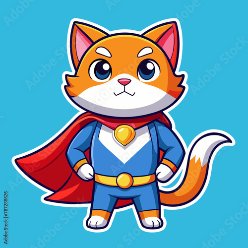 Cat dressed as a superhero  with a cape billowing in the wind and a determined expression on its face