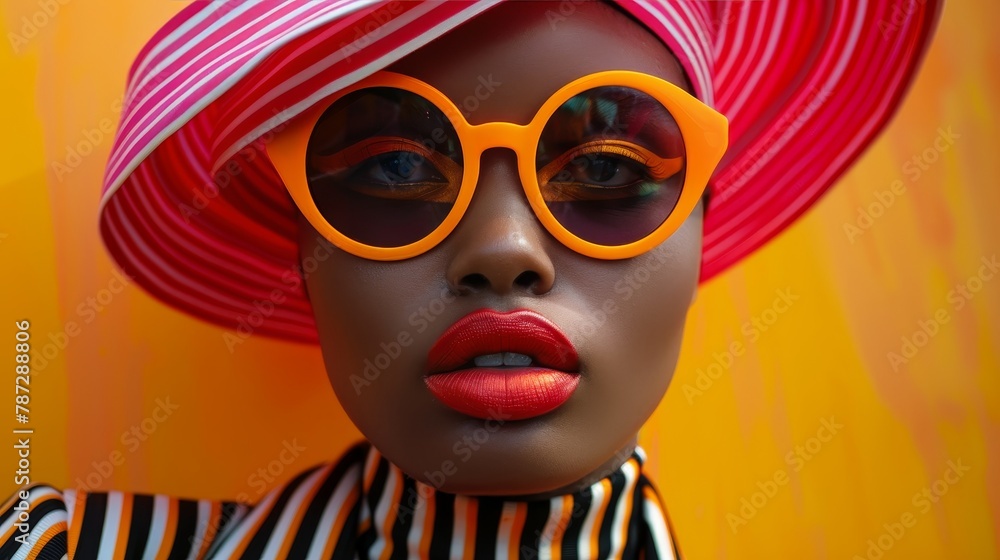 Craft a vibrant portrait where the subject's attire features bold striped patterns Craft a vibrant portrait where the subject's attire features bold striped patterns