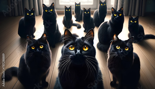 An assembly of black cats in a dark environment where only their glowing yellow eyes are visible. photo