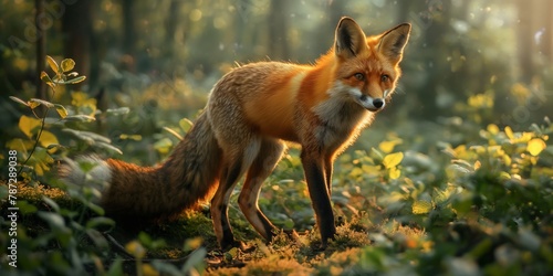 A vivid photograph capturing a red fox in a lush forest bathed in golden sunlight filtering through trees
