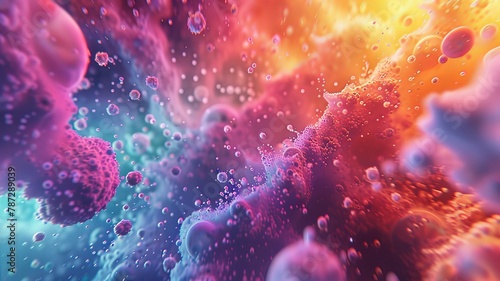 Abstract image capturing the movement and clustering of vividly colored particles  depicting an energetic and interactive system