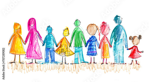 A colorful and heartwarming crayon illustrative image showcasing unity with multicultural family figures holding hands photo