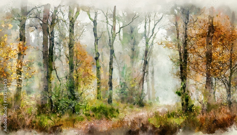 Fototapeta premium Digital watercolor painting of Panorama landscape image of Wendover Woods on foggy Autumn Morning
