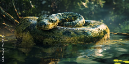 A detailed depiction of a massive green anaconda snake coiled and resting in the tranquil waters of a jungle river